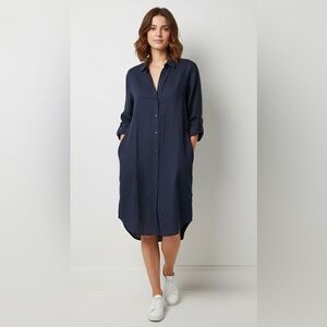 Roots 100% Linen Button Down Shirt Dress Dark Navy — Size S